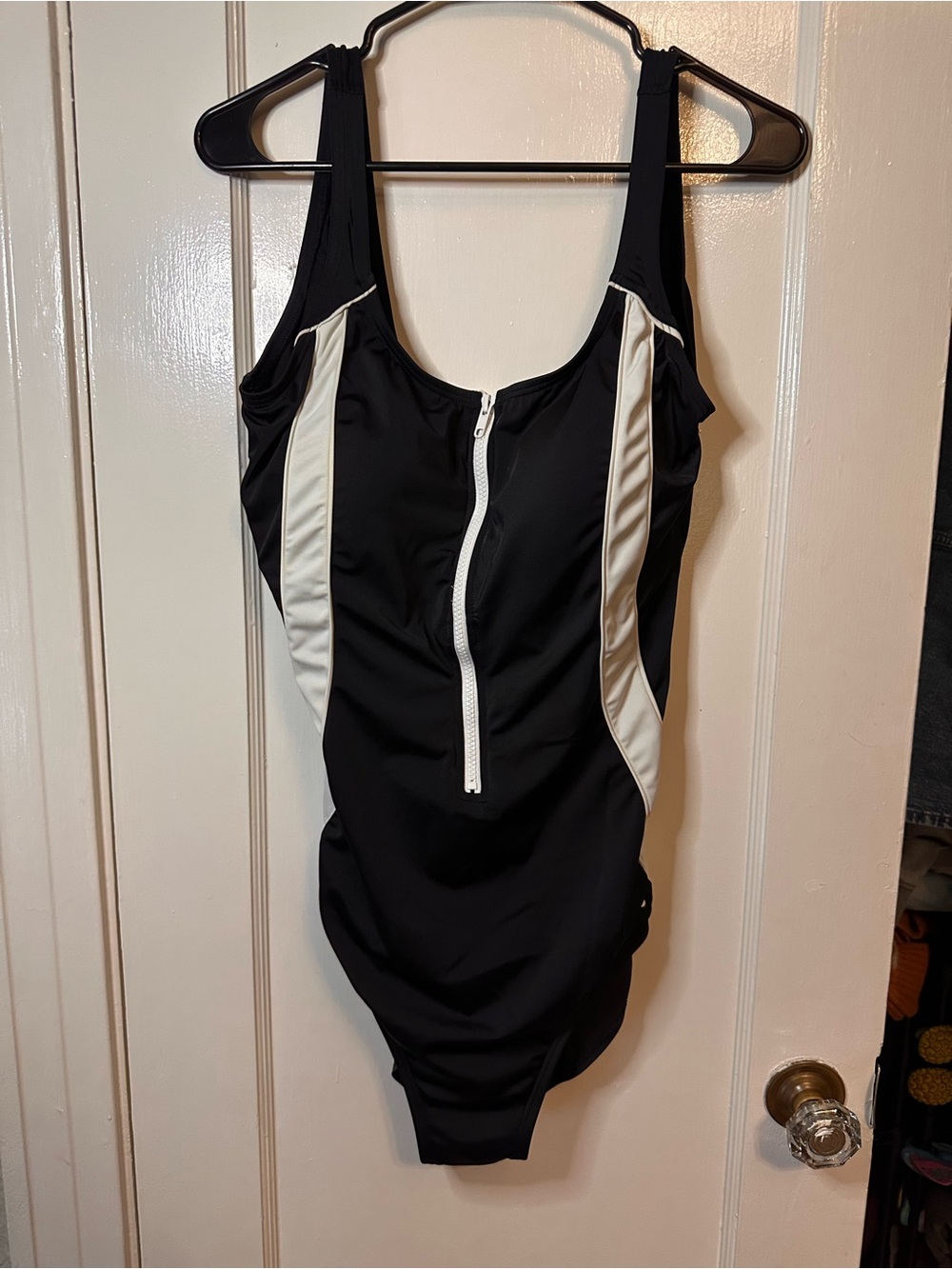 Swimsuits For All Black One-Piece with White Accents and Front Zip